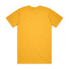 A plain yellow T-shirt with short sleeves and a round neckline, featuring a logo on the back.