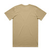 A khaki T-shirt featuring a plain back and a logo. Cotton material with short sleeves, available in various sizes.