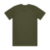 A plain olive green T-shirt featuring a classic design with a round neck and short sleeves. It has a logo on the back.