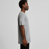 A grey basic t-shirt displayed on a model, showcasing a side view with short sleeves.