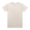 A plain light beige T-shirt with a round neckline and short sleeves, featuring a logo at the neckline.