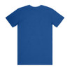 A blue basic tee with short sleeves and a plain back. It features a logo.
