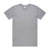 A grey basic t-shirt with a round neckline and short sleeves, featuring a logo near the collar.