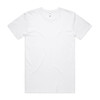 A plain white t-shirt with a round neckline and short sleeves, featuring a logo in the neckline.