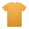 A plain yellow t-shirt displayed flat with short sleeves and a crew neckline, featuring a brand label.