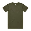 A plain olive green T-shirt with short sleeves, featuring a standard crew neck and a logo on the inside label.