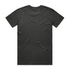 A dark grey t-shirt featuring a plain back design and a logo. Suitable for casual wear.
