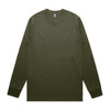 A long-sleeved tee in olive green, featuring a crew neck and fitted sleeves, with a logo on the label.