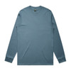 A long-sleeve tee in a muted blue colour, featuring a simple design and a logo on the label.