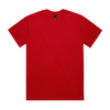 A red heavy tee with a round neckline and short sleeves. It features a logo on the label.