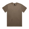 A heavy tee shirt in a muted brown colour with a smooth finish and a simple design. It features a logo on the label.
