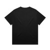 A black T-shirt featuring a plain back and a logo on the neckline. Suitable for casual wear.