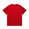A red t-shirt with a plain back, featuring a logo on the upper area.