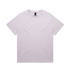 A lilac T-shirt displayed flat, featuring short sleeves and a tag inside the collar. The shirt has a logo on the tag.