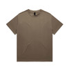 A brown heavy tee with a round neckline and short sleeves, featuring branding on the inside tag.