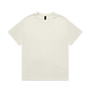 A plain white T-shirt with a round neckline and short sleeves, featuring a small logo on the label.