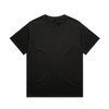 A black heavy tee shirt with a crew neck and short sleeves. The design includes a logo on the label.