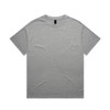 A plain grey t-shirt with short sleeves and a tag at the neckline. It features a simple design and has a logo.