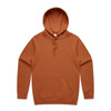 A brown hoodie with a kangaroo pocket and a drawstring hood, featuring a logo on the garment.