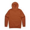 A brown hoodie featuring a back view with a hood, made from a soft fabric. It includes a logo on the back.