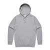 A grey hoodie with a drawstring hood and a front pocket, featuring branding.