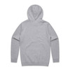 A grey hoodie featuring a hood and long sleeves, with a plain back and a logo.