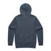 A grey hoodie featuring a hood and long sleeves, with a simple design and branding on the back.