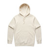 A light cream hoodie featuring a front pocket and a drawstring hood. The garment has a subtle logo on it.