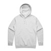 A grey hoodie with a front pocket and a hood, featuring a logo on the front.