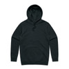 A black hoodie with a front pocket and a drawstring hood. It features a logo on the design.