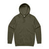 An olive green hoodie with a front pocket and a drawstring hood, featuring a logo.