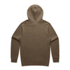 A brown hoodie with a hood, featuring a plain back design. It includes a logo at the base.