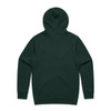 A dark green hoodie with a hood, featuring a plain back. It has a logo on it.