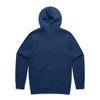 A navy blue hoodie featuring a back view and a hood. It has a simple, unembellished design and includes a branding logo.
