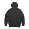 A dark grey hoodie featuring a hood and long sleeves, showcasing a plain back view.