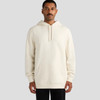 A cream-coloured hoodie with a front pocket and a drawstring hood. Features a branding logo.