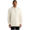 A cream-coloured hoodie with a front pocket and a drawstring hood, featuring a logo.