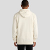 A cream-coloured hoodie with a back view, featuring a hood and long sleeves. It has a logo on the garment.