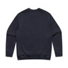 A navy jumper with long sleeves and a crew neckline. It features a logo on the back.