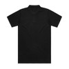 A black polo shirt featuring short sleeves and a collar, with a logo on the back.