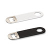 A drink bottle opener featuring a sleek design in white and black with a metal opener and a circular handle.