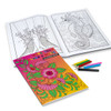 An A4 custom cover colouring book featuring intricate floral and seahorse designs, accompanied by colourful drawing pencils.