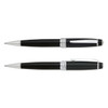 A black metal ballpoint pen with silver accents and a clip. The pen features a logo on its barrel.