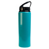 A drink bottle in a bright turquoise color with a black flip straw lid and a logo.