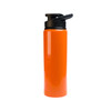 A drink bottle in vibrant orange with a black free flow lid. It has a sleek, modern design and a branded logo.