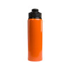 A drink bottle in bright orange with a black free flow lid, featuring a logo.