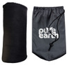 A soft black Polar Blanket rolled up beside a drawstring bag featuring the "Pure Earth" logo.