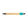 A bamboo pen with a turquoise grip and black tip. It features a logo on the barrel.