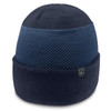 A navy beanie featuring a textured upper design and a smooth lower band with a logo.