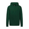 A green heavy weight hoodie featuring a front pocket and a drawstring hood. It has a logo on the front.